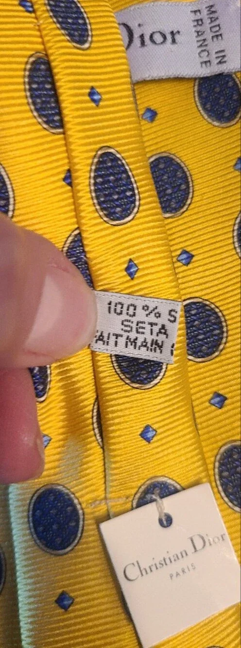 Dior Yellow Silk Tie with Navy Oval Motif